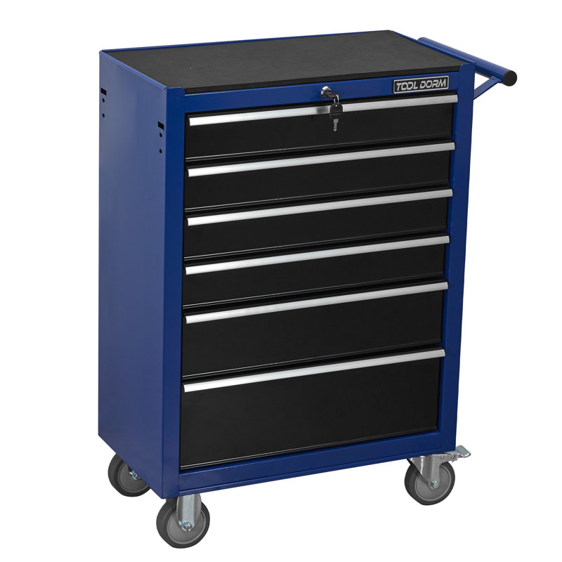Armoire à outils roulante noire à 6 tiroirs, boîte à outils en métal de grande capacité, avec roulettes et serrure à clé, voiture à outils de rangement roulante, convient au garage, entrepôt, atelier