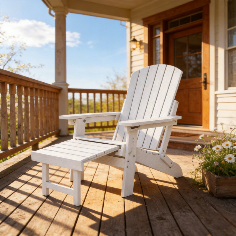  HDPE Outdoor Folding Adirondack Rocking Chair With Retractable Ottoman, White