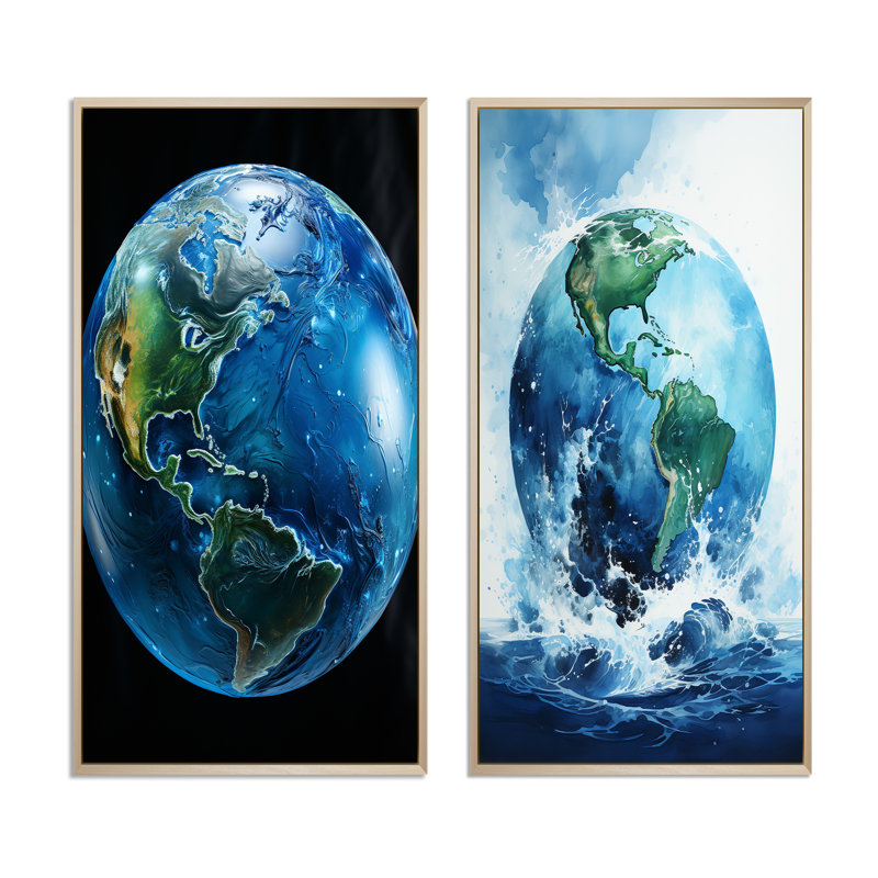 «Earth Blue Earth», 2 pièces, H 32 po x l 32 po, Encadrement brun