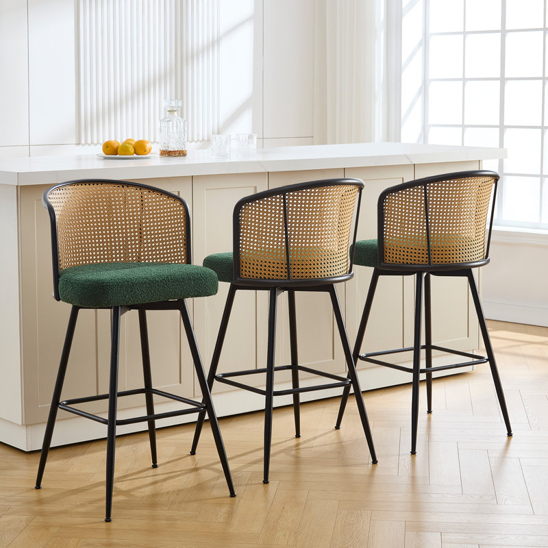 Green Boucle Fabric Swivel Bar Stools with Rattan Back and Metal Legs