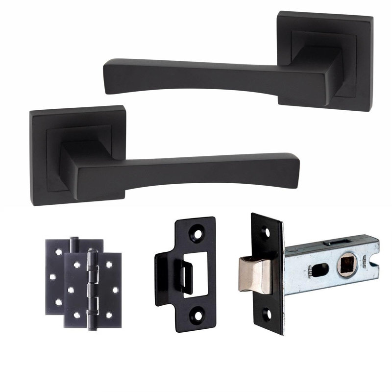  1 Set Wave Premium Design Door Handles on Square Rose in Matt Black Finish with 2.5" Latch and 1 Pair of Ball Bearing Hinges