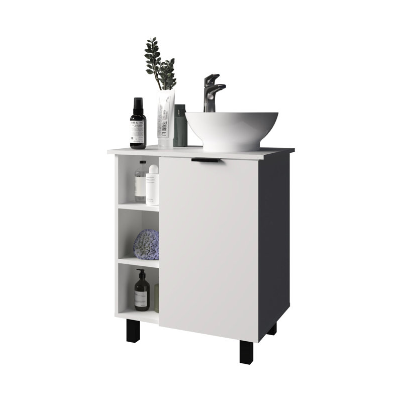 Meuble-lavabo de salle de bain blanc avec porte simple et 8 zones de rangement, esthétique intemporelle, 4 pieds pour la stabilité et 1 compartiment, design et équilibre