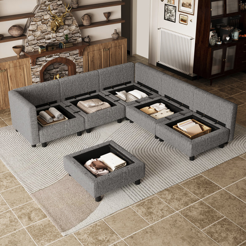 Canapé d'angle en L avec repose-pieds pour appartement, Mélange de polyester gris