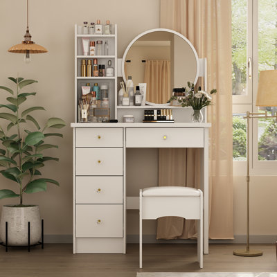5-Drawer Vanity Set with Standing Mirror and Stool