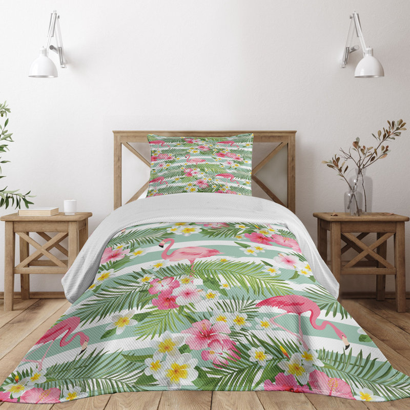 Tropical Flamingo and Floral Twin Bedspread Set in White and Green