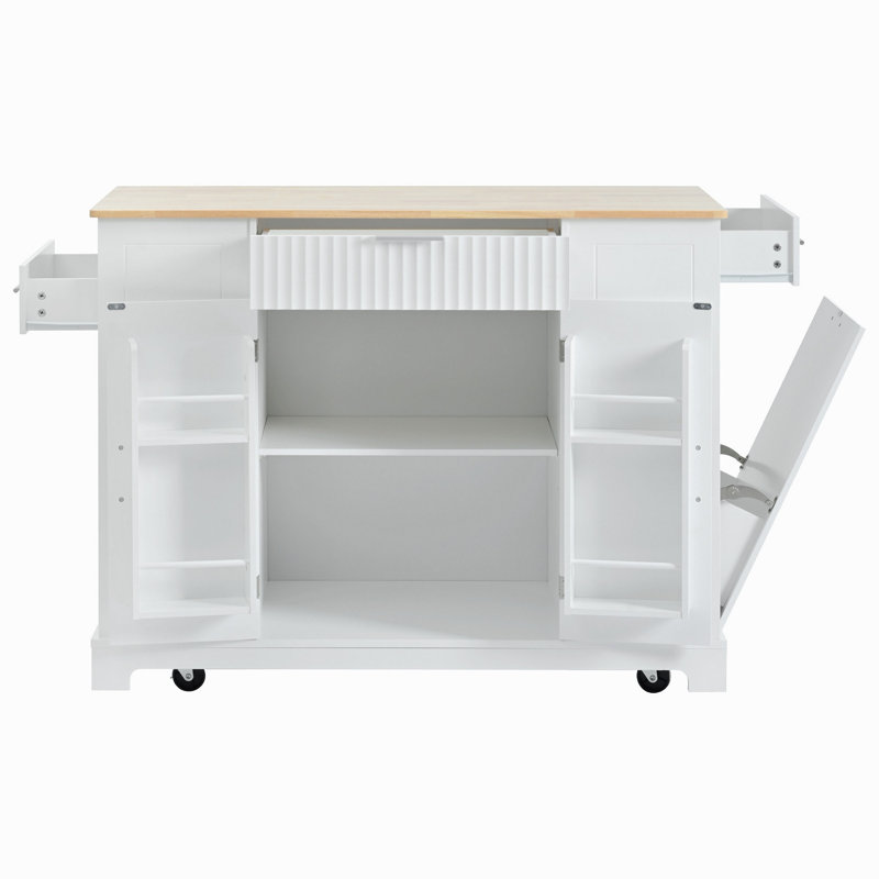 Îlot de cuisine cannelé avec armoire de rangement pour poubelle, prise de courant, support de rangement interne, îlots de cuisine roulants sur 5 roues avec 3 tiroirs, 3 supports latéraux ouverts pour poubelle de 10 gallons, blanc