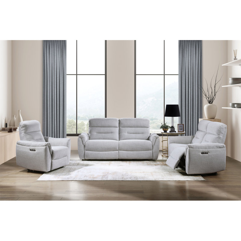 Ensemble de salon 3 pièces en chenille gris Power Motion avec port USB Eastre