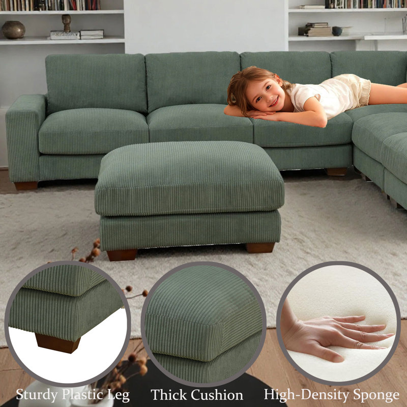 Corduroy L-shaped Sectional Sofa Set With Ottoman For Living Room, Green