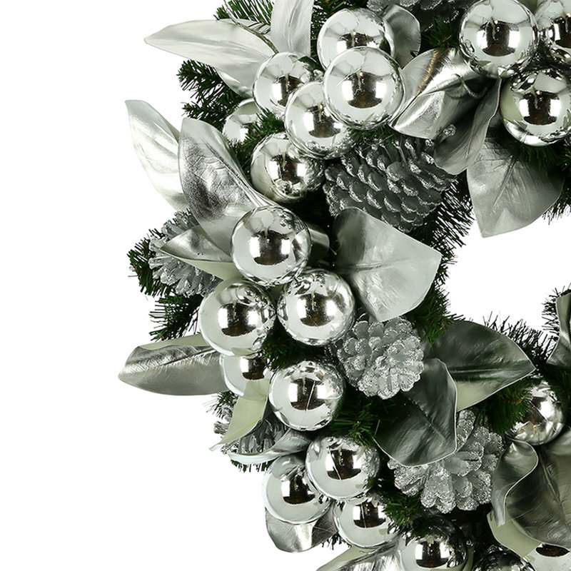 28' Shiny Leaves Holiday Wreath, 28'' H X 28'' W X 11'' D, Silver