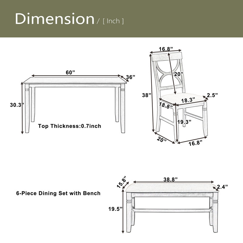 Ensemble de 6 tables de salle à manger en bois avec banc rembourré et 4 chaises de style campagnard