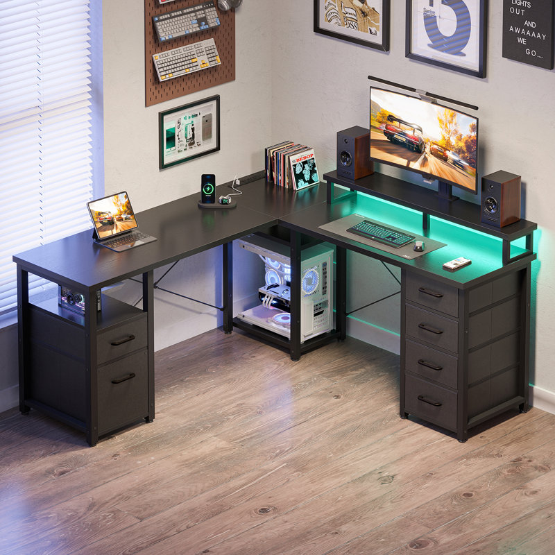 Elverton L-Shaped Gaming Desk with Built in Outlets, Black, 35.04" H x 66.14" W x 58.27" D