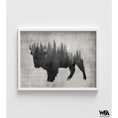 «Large Bison Art Print», reproduction de forêt abstraite encadrée, reproduction de bison américain, bison des steppes, Cowboy Wall Art, impression forêt foncée, art mural encadré 24 x 32 po