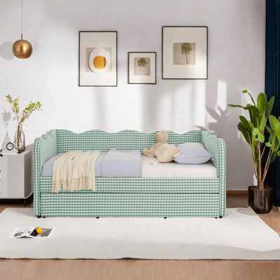 Lit de jour simple rembourré avec lit gigogne escamotable, port USB et motif Vichy festonné