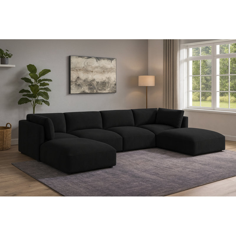 Ivalina Upholstered U-Shaped Sectional Reversible, Black Polyester Fabric