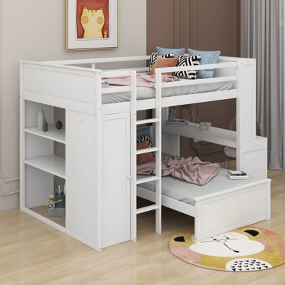 Lit mezzanine double avec lit autonome, bureau et garde-robe