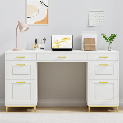 Computer Desk with 7 Drawers, 57 Inch Home Office Desk with File Drawers,Executive Desk with Golden Legs and Handles