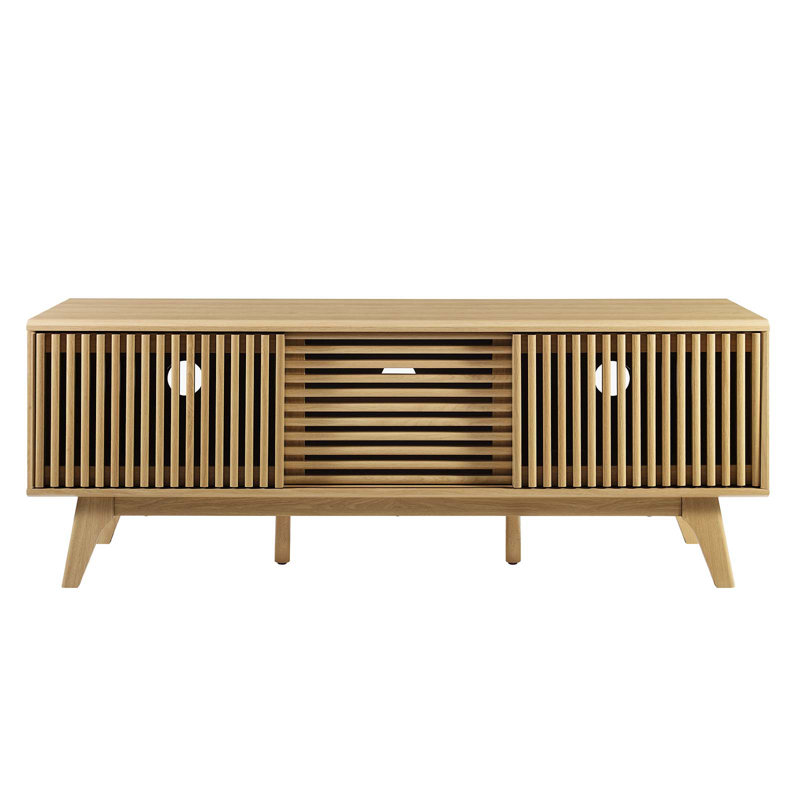 Oak 59" TV Stand with Slatted Sliding Doors
