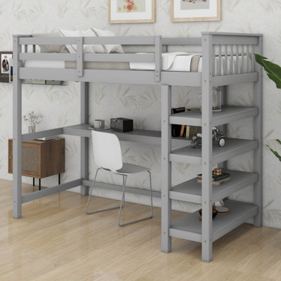 Twin Size Loft Bed With Desk And 4-Storage Shelves, Wood Loft Bed Frame With Safety Guard Rail And Under-Bed Desk, Noise Free, No Box Spring Needed