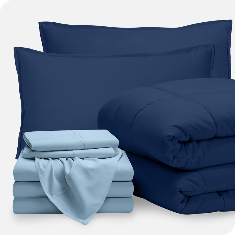 Microfiber Bed-In-A-Bag, Dark Blue/Light Blue, Split King Comforter + 7 Additional Pieces