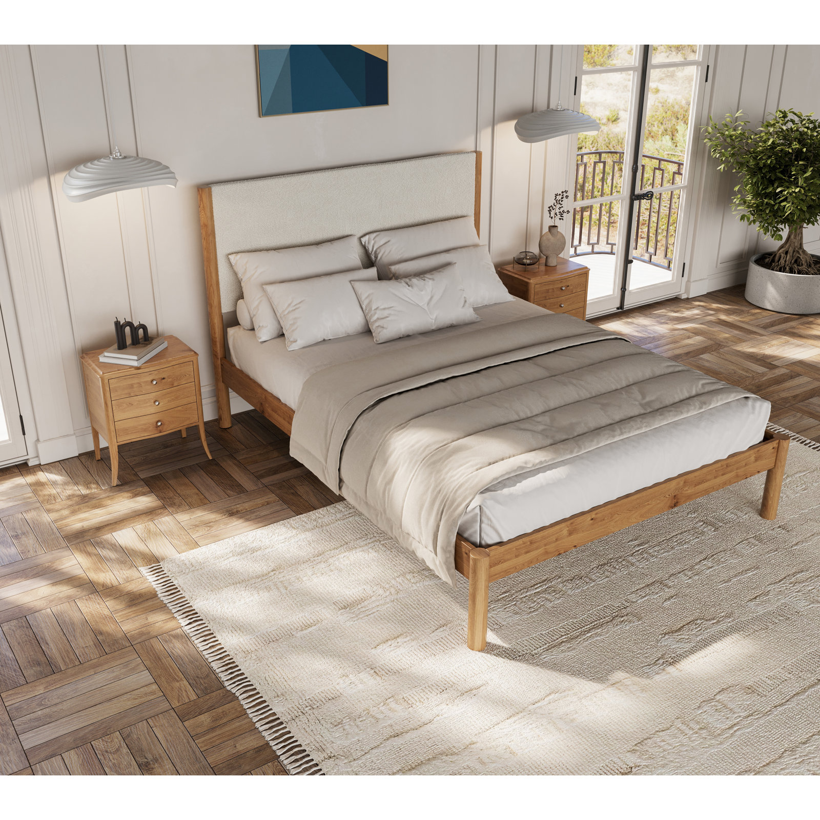 Ardin Solid Wood Bed Frame With Cream Boucle Upholstered Headboard, King, Natural