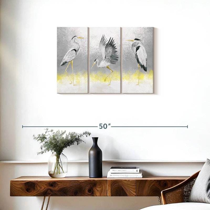 «Great White Herons», ensemble de 3 reproductions sur toile par Julie P, H 20 po x l 33 po x P 1,25 po
