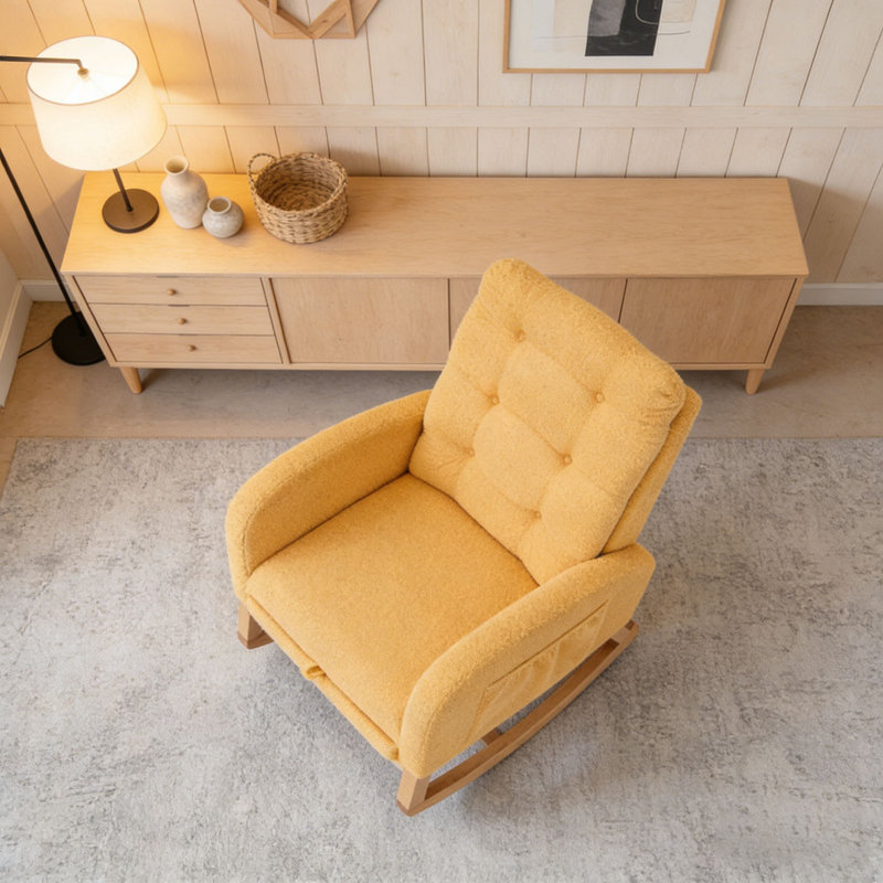 Chaise berçante d'appoint avec repose-pieds en bois d'hévéa à haut dossier, Jaune