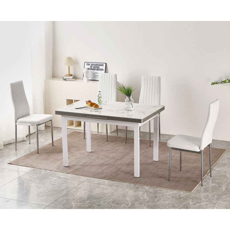 Jade White Sintered Stone Extending Dining Table with 4 Monza Chairs, White