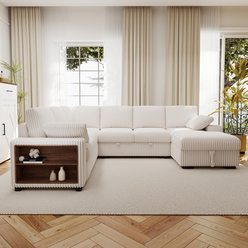 Clitheroe 116.5" U-Shaped Corduroy Convertible Pull-Out Reclining Sectional Sofa Bed with Storage Chaise and Armrest