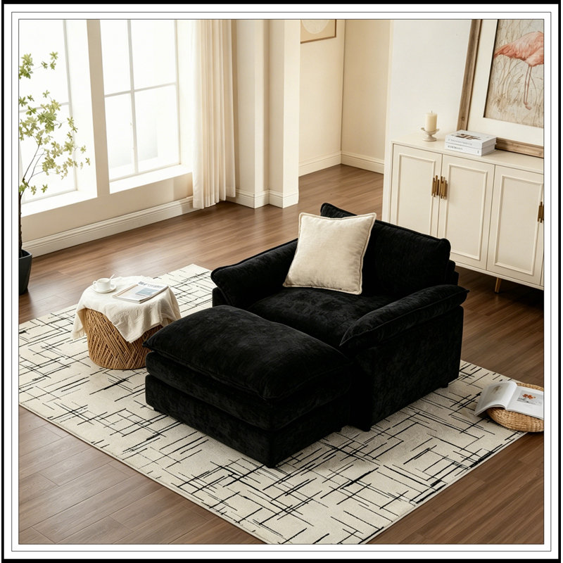 Modern Upholstered Armchair with Ottoman, Black