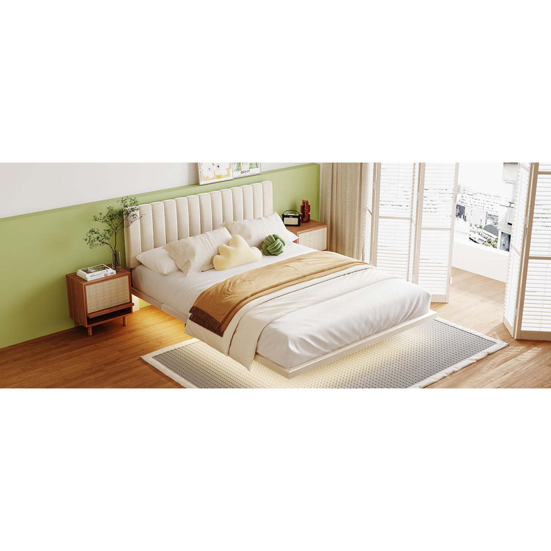 Grand lit tapissier avec lumière et tête de lit, lit plateforme en velours flottant, Beige