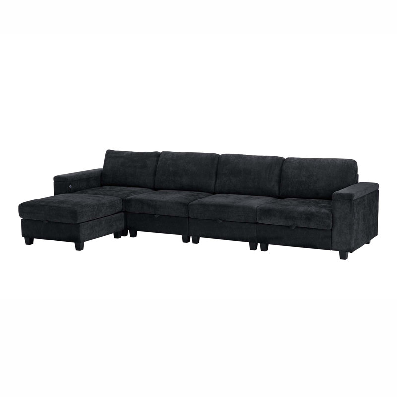 131" Modular Storage Sofa with Ottoman - USB/Type-C Ports, Premium Chenille Fabric, Sleeper Function & Easy Assembly, Black