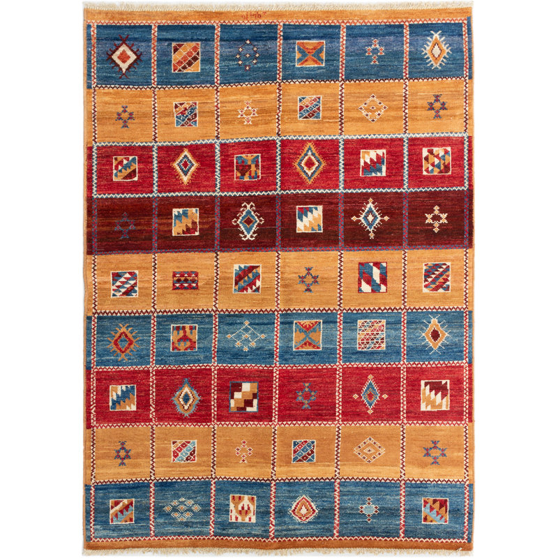 Tapis unique en laine noué à la main bleu / jaune / rouge années 2010 6 pi 4 po x 8 pi 7 po Quinette