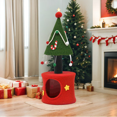 Christmas Cat Tree Tower With Cat Scratching Post, 32 In Cute Cat Tree With Plush Hanging Ball, Cat Tower For Indoor Cats With Cat Condos