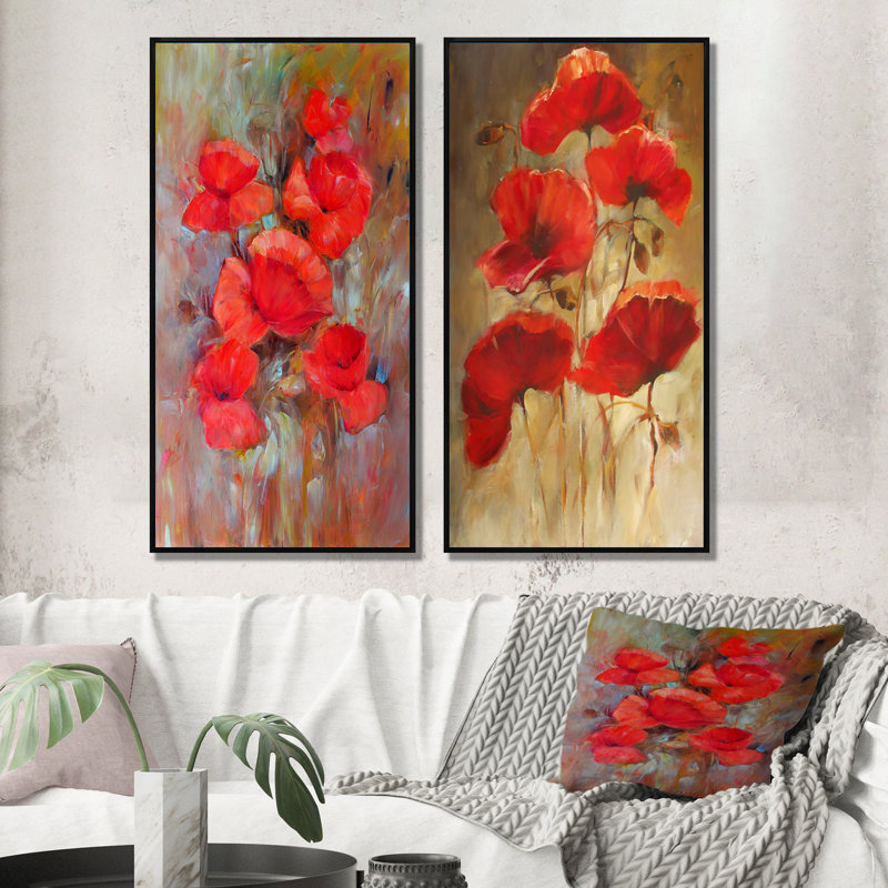 «Red Blooming Poppies VII», ensemble de 2 photographies sur toile, H 32 po x l 32 po x P 1 po, Cadre flottant noir