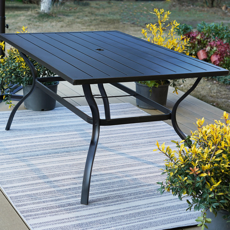 Anran 6 - Person Stainless Steel Patio Dining Set Umbrella Hole Included Rectangular Table with Cushions Included
