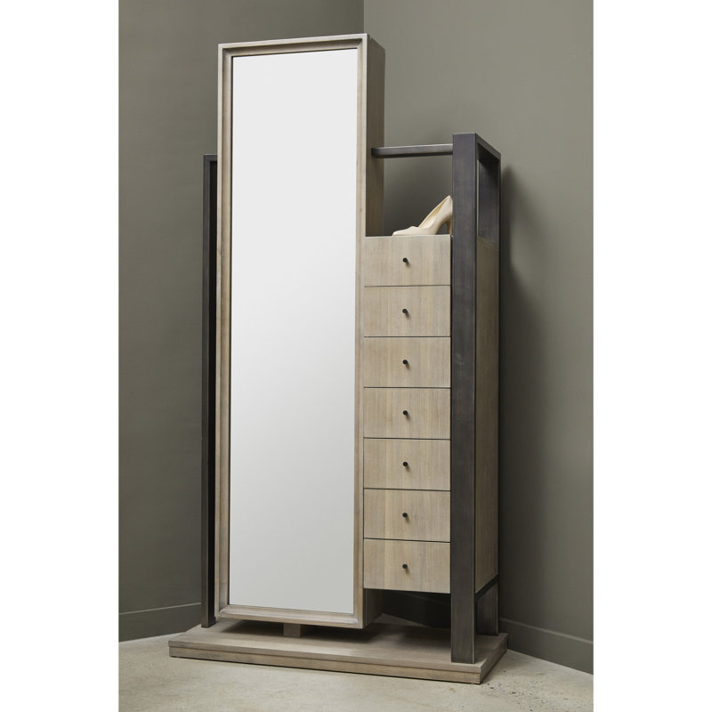 Natural Wood Full-Length Mirror Semanier with Storage