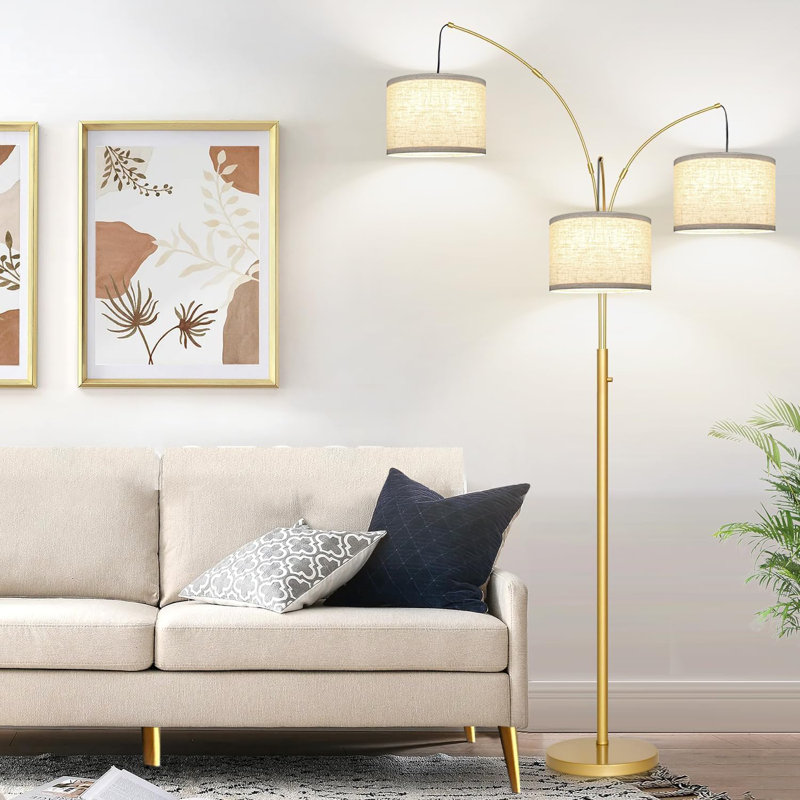 Dimmable 3-Light Arc Floor Lamp With Rotatable Arms, Gold Metal Base & White Linen Shades