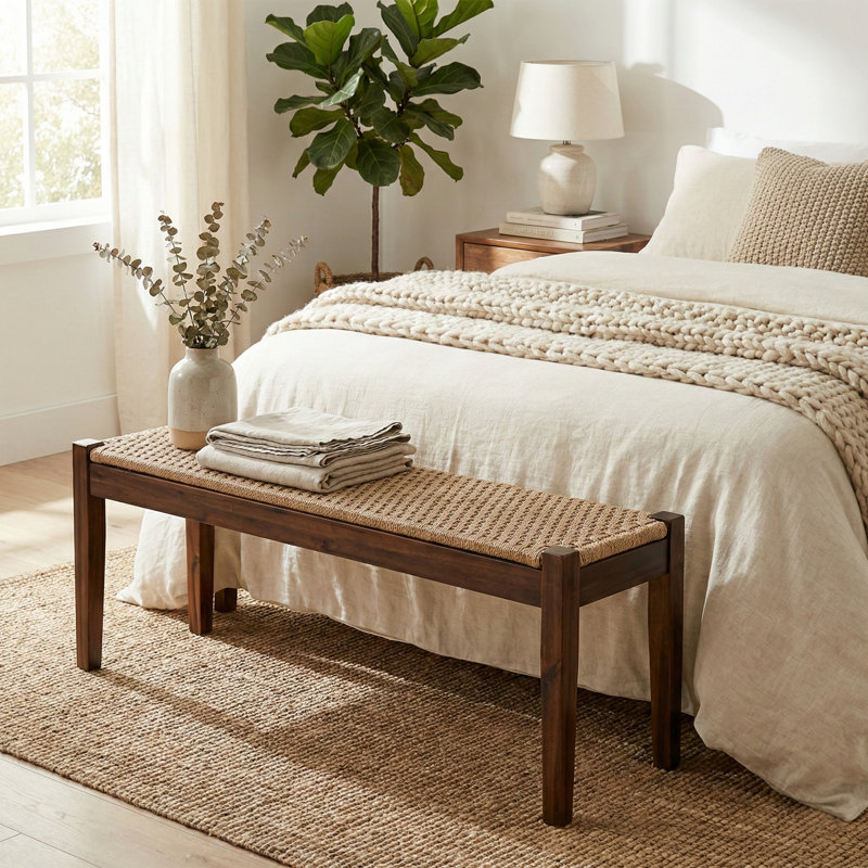 Orion 46" Solid Wood Entryway Bench with Hand-Woven Rope Seat, Beige/Uniform Basket, Dark Brown