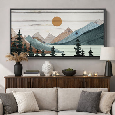 Western Wood Effect Landscape " Tranquil Wood Effect Mountain Sunset Modern Art Vintage Landscape Extra Large Pictures " Print
