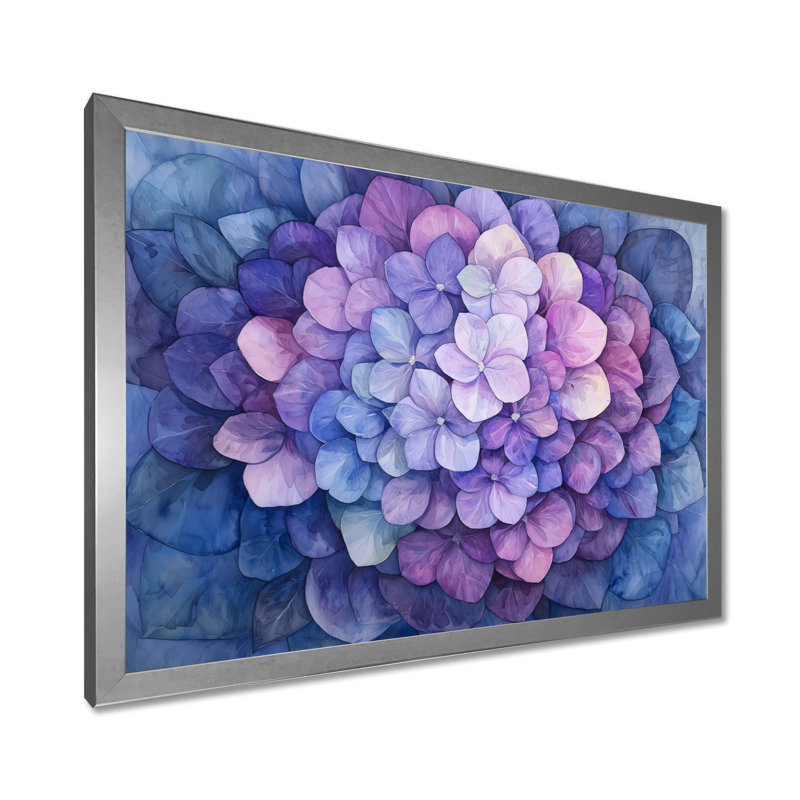 Irjat hortensia à l'aquarelle Mandella de l'encre mauve I - art mural d'hortensia pour le salon, H 16 po x l 32 po