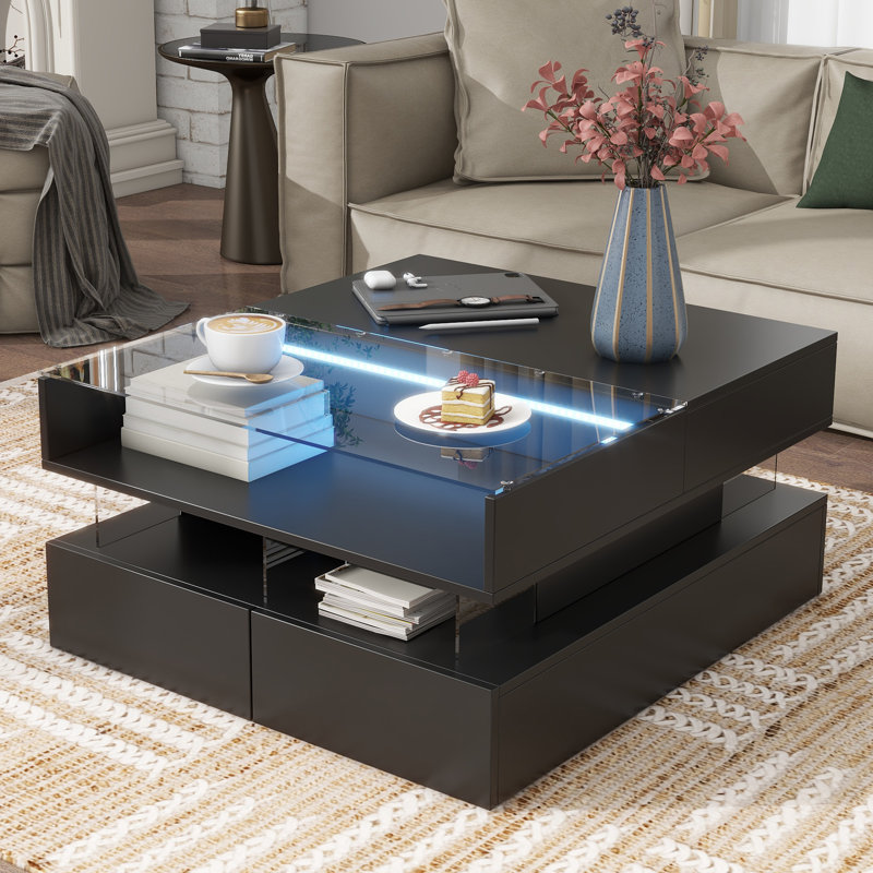 Table basse carrée à plateau relevable avec rangement, Noir