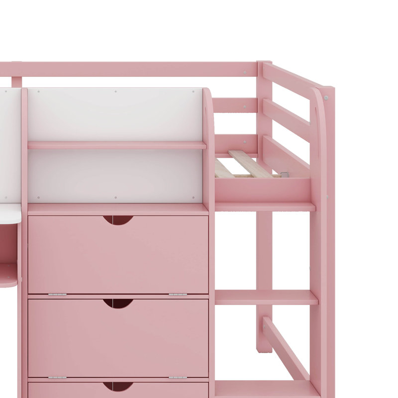 Full Size Low Loft Bed With Built-In Desk,Storage Cabinets And Open Bookcase,Whiteboard For Graffiti, Pink