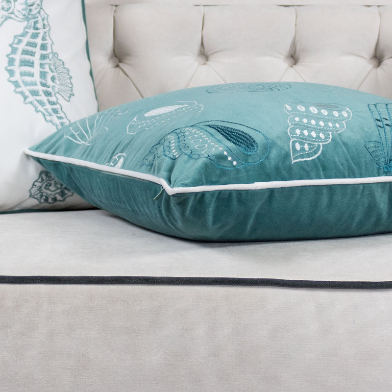  Embroidery Seashell Velvet Throw Pillow, Teal