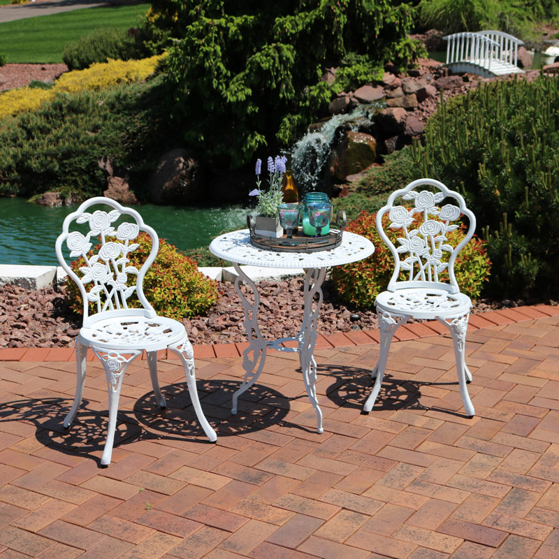 3-Piece Cast Aluminum White Floral Design Patio Dining Set with Round Bistro Table