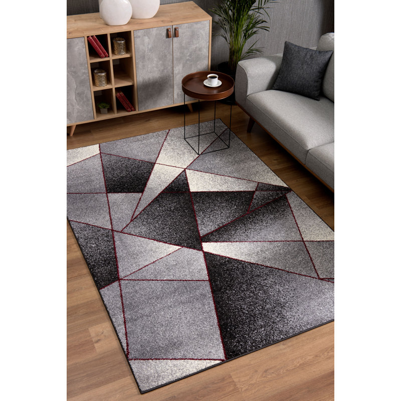 Tapis intérieur / extérieur gris / rouge à motif géométrique 4 pi x 6 pi (3 pi 9 po x 5 pi 6 po) Branch Branch Nour