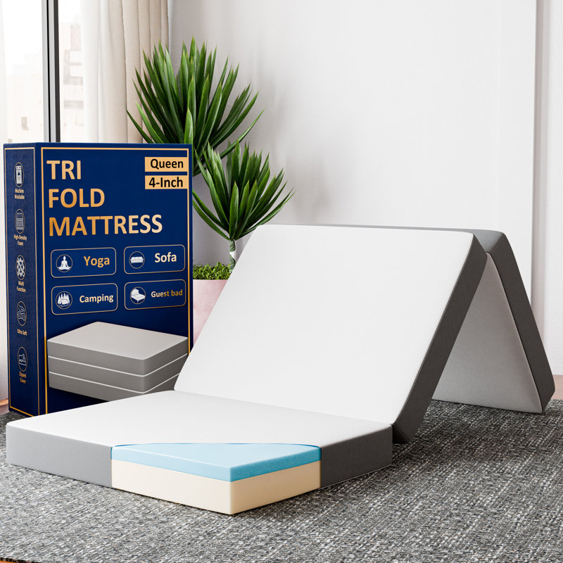 Cabrera Portable Tri-Folding Capability Gel Memory Foam Mattress, Removable and Washable, Queen, 4"