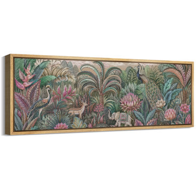 Exotic Tropical Garden With Peacocks Flowers And Wildlife Wall Decor - Large Framed Canvas Master Bedroom Wall Art Print
