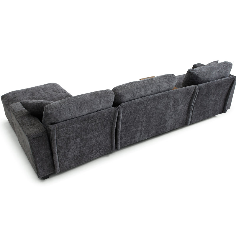 Canapé surdimensionné en L gris de 120,3 po en forme de L avec table pivotante à 360 degrés, porte-gobelets, compartiments pour accoudoirs Soft 5 pour salon, espace de rangement principal