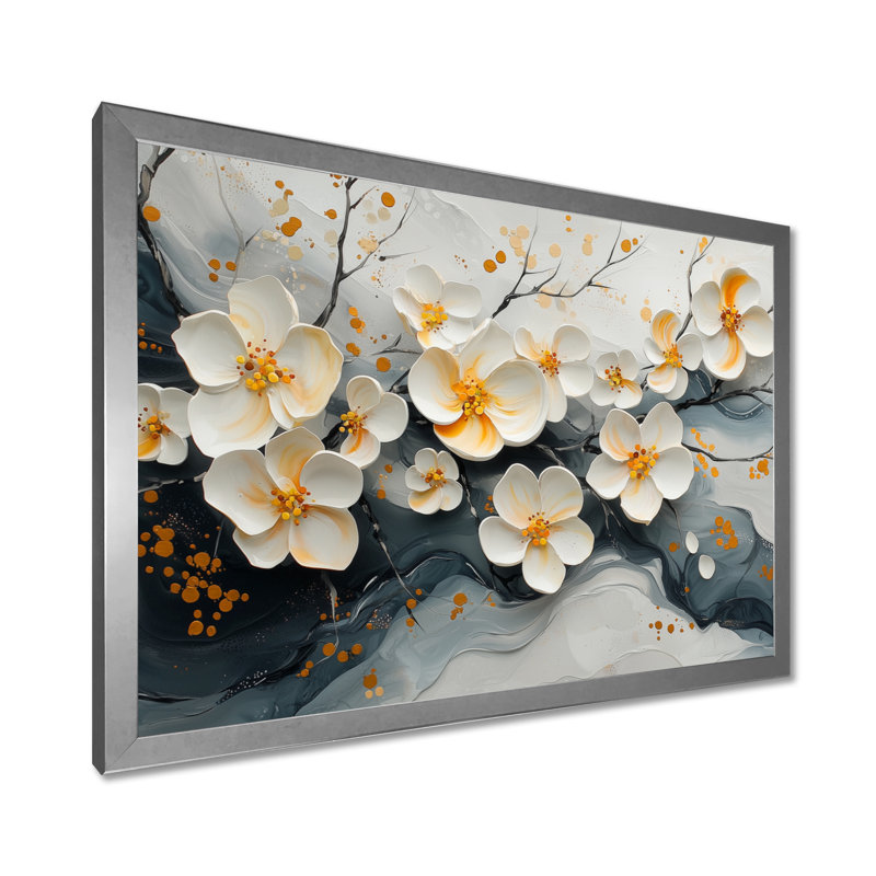 Velours noir fleurs de cerisier II - art mural fleur de cerisier, H 12 po x l 20 po, Cadre simple, Argent argent