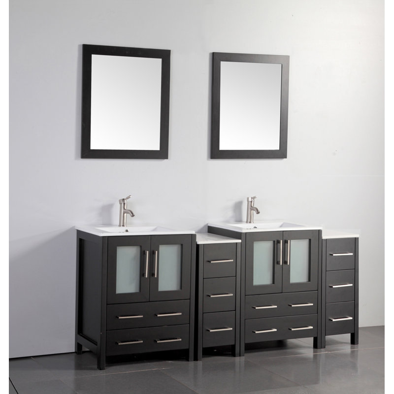  Modern 72" Double Sink Freestanding Bathroom Vanity with Ceramic Top and Matching Mirrors, Espresso